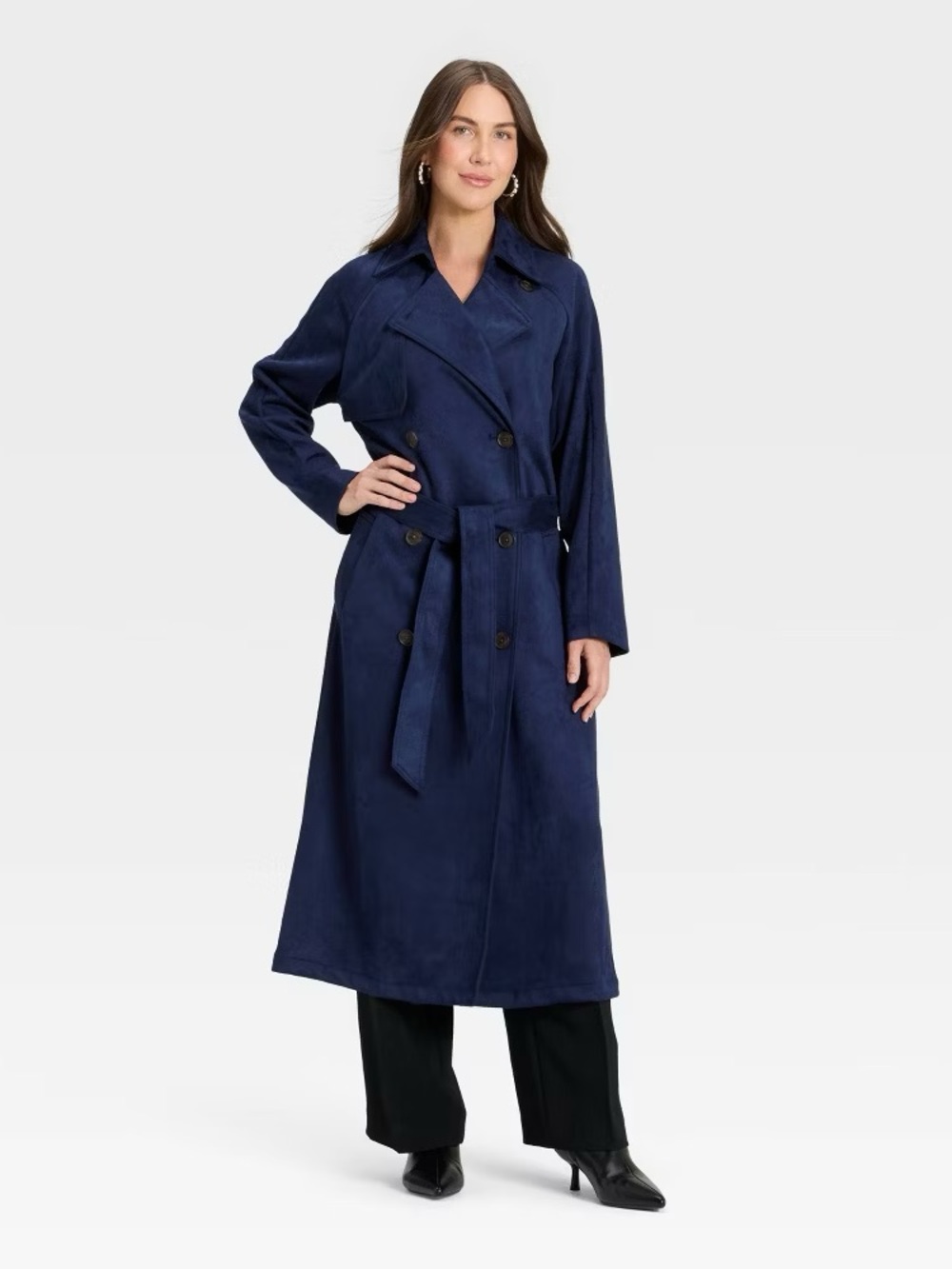 a new day Navy Double-Breasted Long Trench Coat with Belt